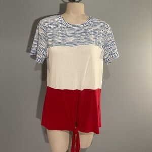 Red white blue color block tie front tee top shirt short sleeve Signature Studio